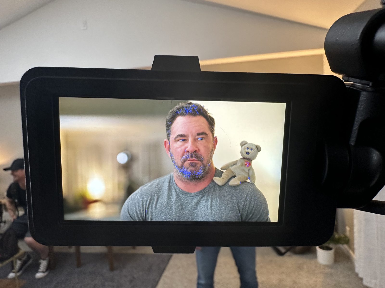 A production monitor showing Darren Hobbs during filming